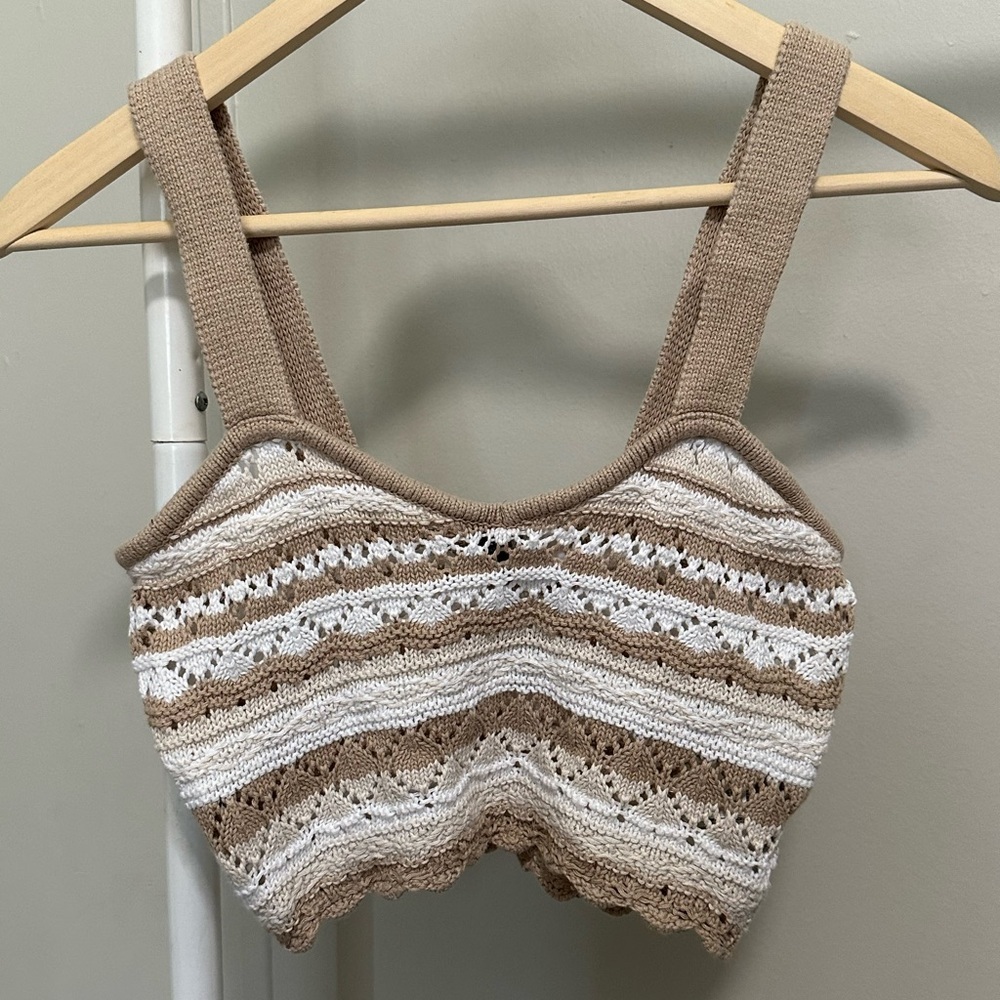 Tan and White Striped Crochet Crop Tank Top size XS